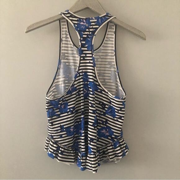 Kate Spade Blue Floral and Stripe Ruffle Trim Racerback Tank Top - Picture 3 of 7